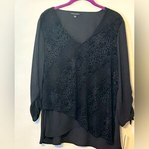 ZAC & RACHEL  Size L Mixed Media Velvet Burnout Black Blouse Adjustable cuff NWT